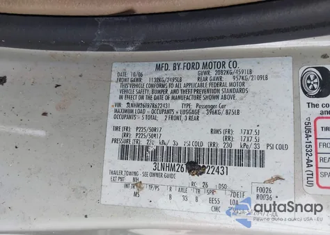 2007 Lincoln Mkz from USA, damaged, VIN 3LNHM26T97R622431